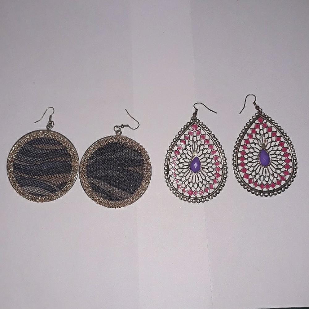 Two pairs of earrings gold pink purple camo